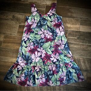 Vintage Hilo Hattie Hawaiian floral print Dress purple flowers green leaves M